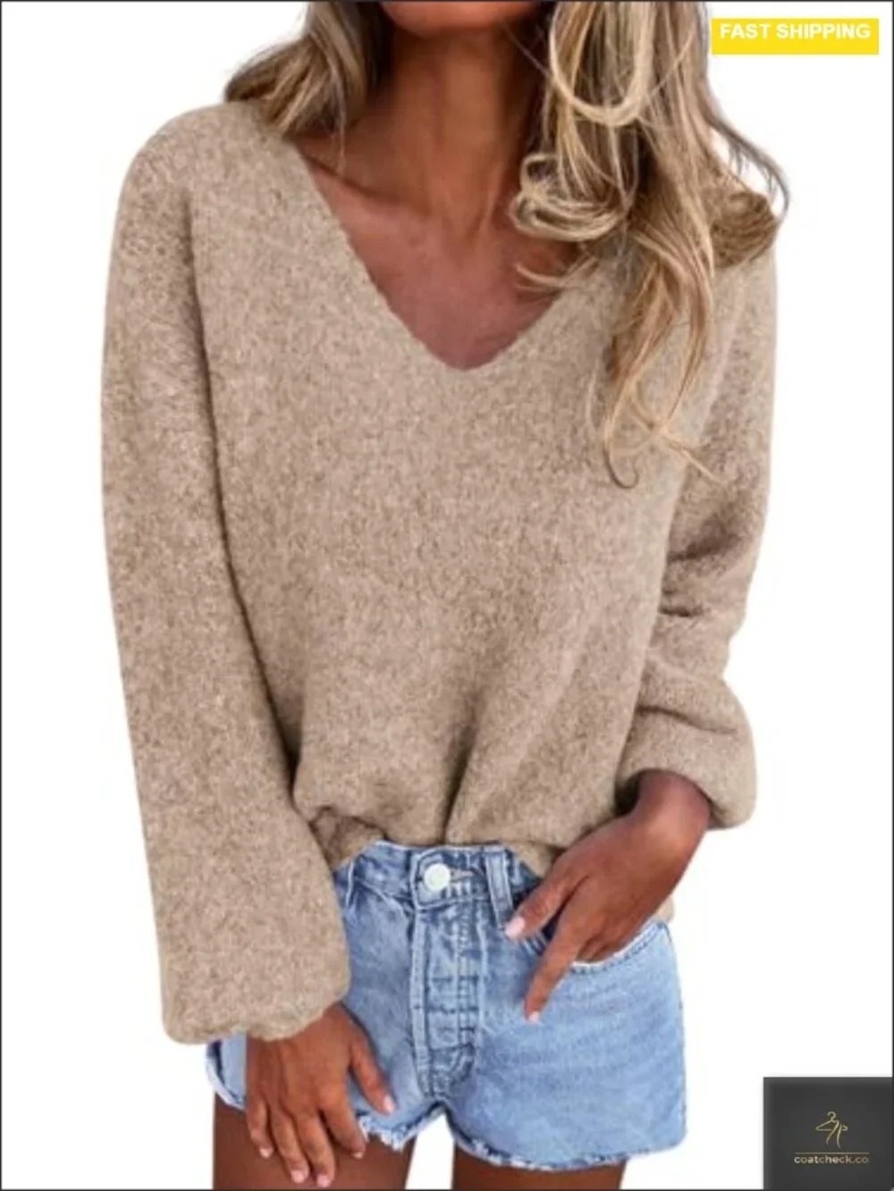 Oversized V Neck Knit Sweater Fuzzy Long Sleeve Pullover Cozy Soft Winter Top